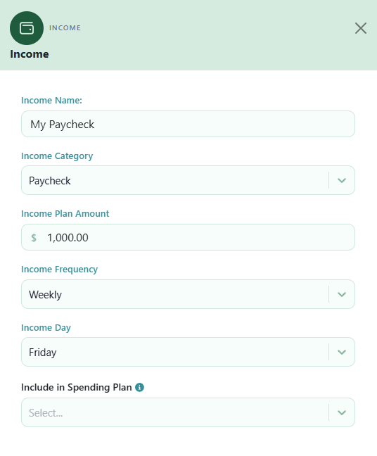 Adding an income in Triggator: name, category, amount, frequency and pay day